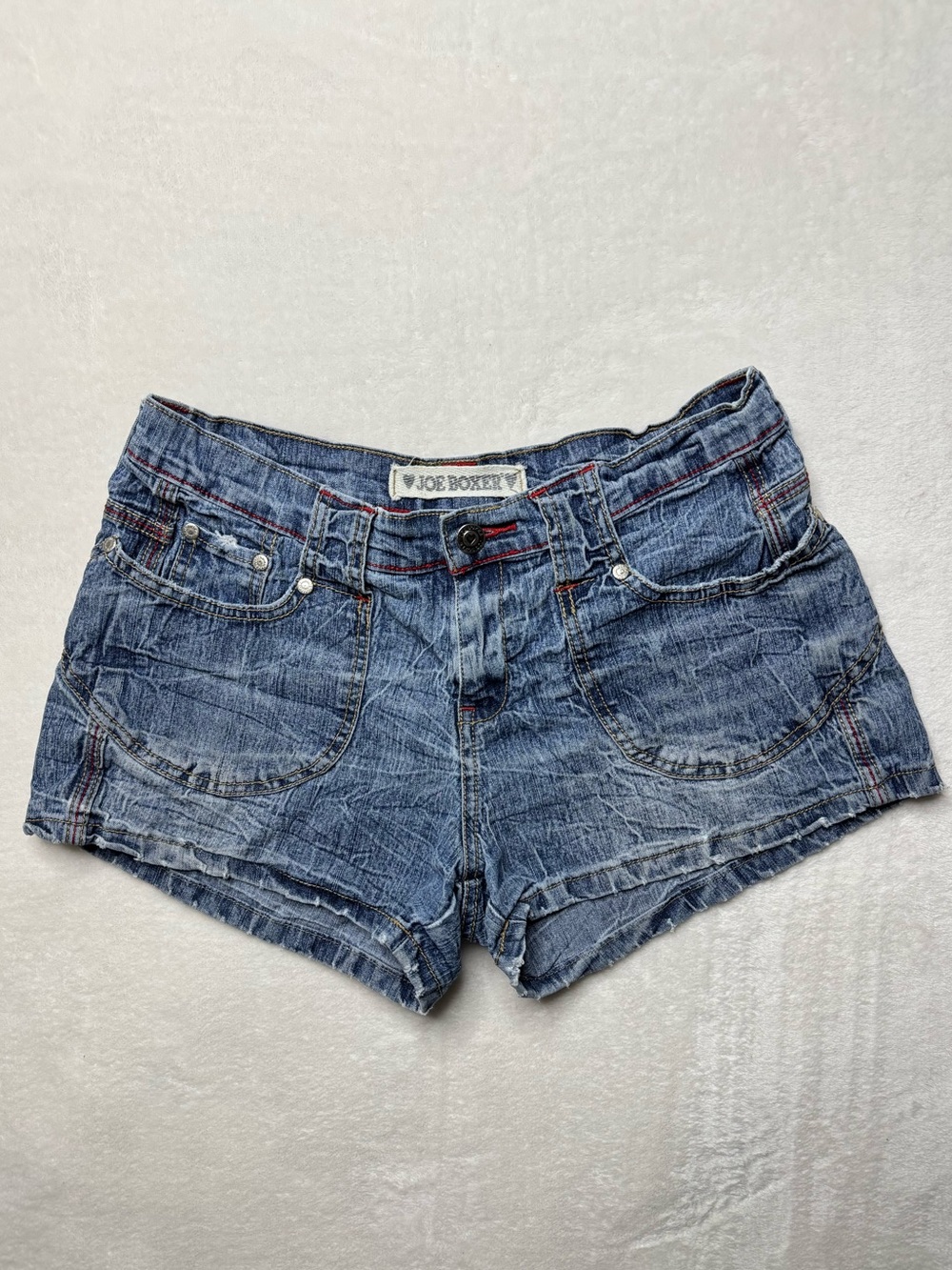 Y2k Vintage Joe Boxer Low Rise Distressed Light Blue Denim Booty Shorts Size 9